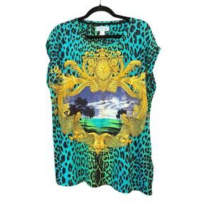 Versace for H&M Women’s Baroque Print Top L Turquoise Leopard Graphic Shirt